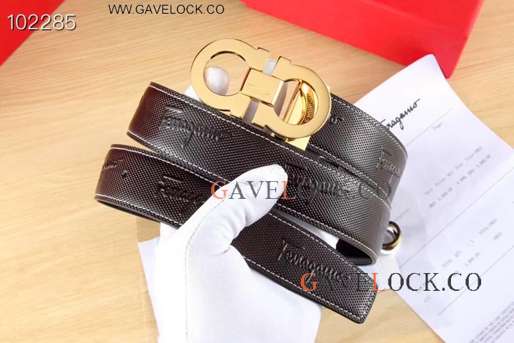Black And Gold Ferragamo Belt - Gold Gancini Buckle